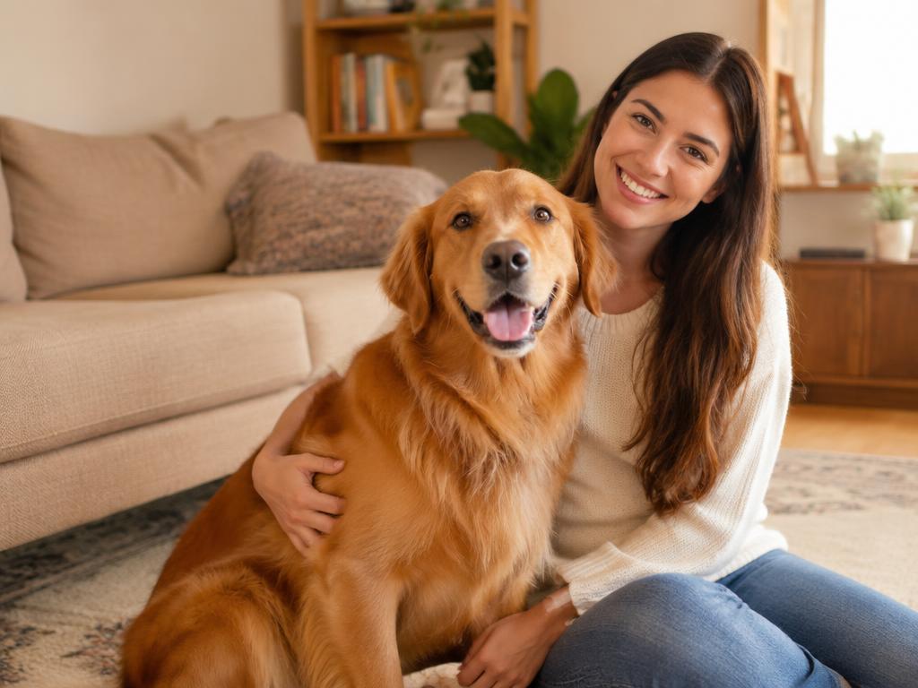 A healthy dog at home with its owner